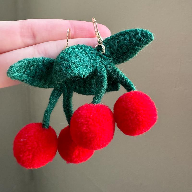 Ins Style Sweet Red Plush Cherry Fruit Earrings Cute Playful Super Fairy Versatile Atmospheric Women Pierced Jewelry