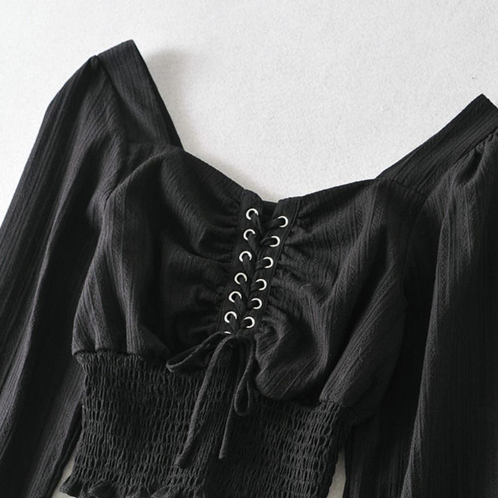 New Women Retro Square Collar Blouses Exposed Bone Short Top Straps Shirts Long Sleeve Palace Style Puff Sleeves Summer T-shirt