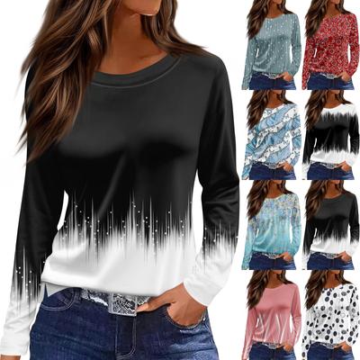 Женская модная повседневная свободная футболка с разрезом и круглым вырезом с длинным рукавом с принтом, женский топ