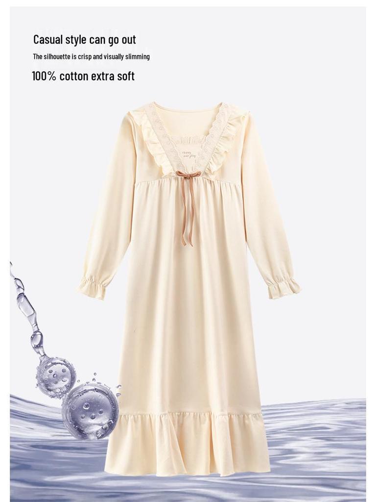 Женская ночная сорочка для беременных из 100% чистого хлопка с антибактериальным эффектом, в корейском стиле, с длинным рукавом - свободного кроя для осени/зимы/весны