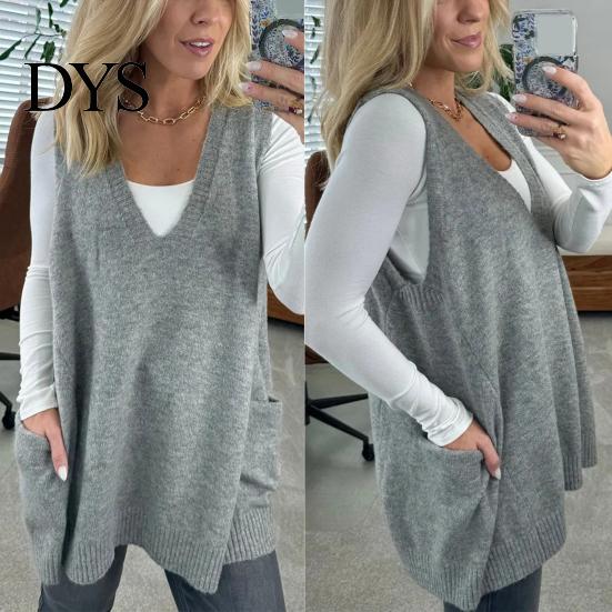 Women Sleeveless Knitwear Sweater V-neck Solid Color Knitting Vest with Everyday Commuting Style Pockets Ribbed Trim Loose Fit Mid-length Casual Top