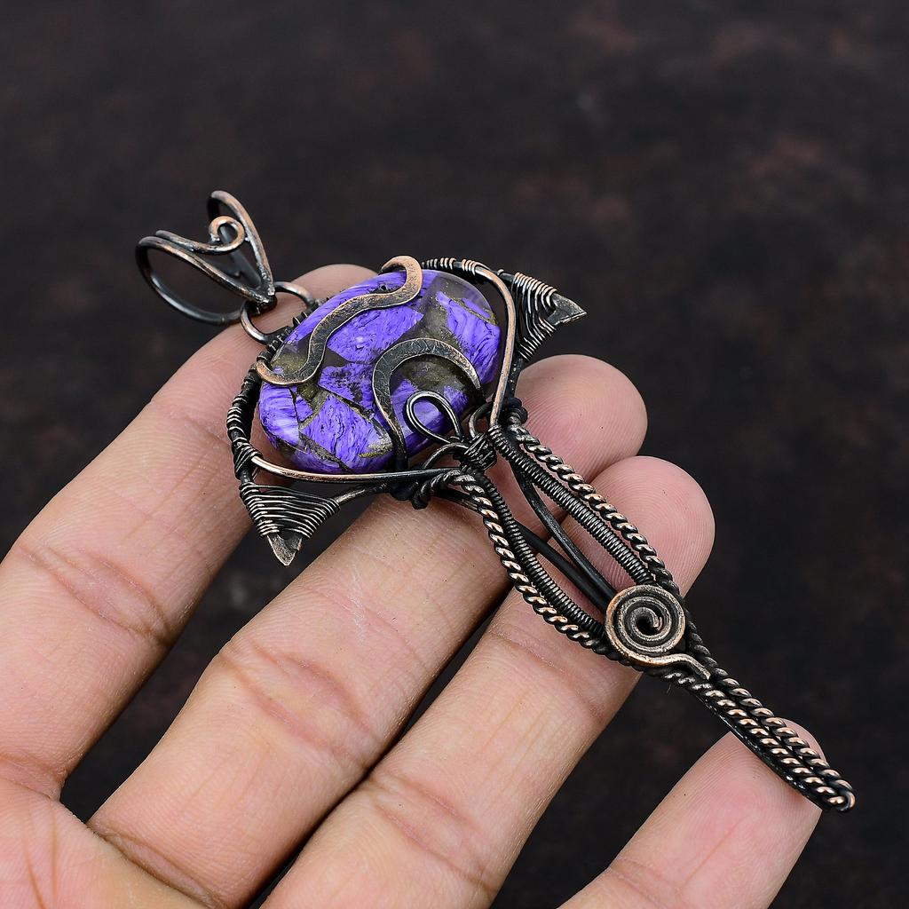 Медный кулон с чароитом, обернутый медной проволокой, кулон из натурального драгоценного камня, дизайнерский кулон ручной работы, чудесное медное ювелирное украшение в подарок для нее