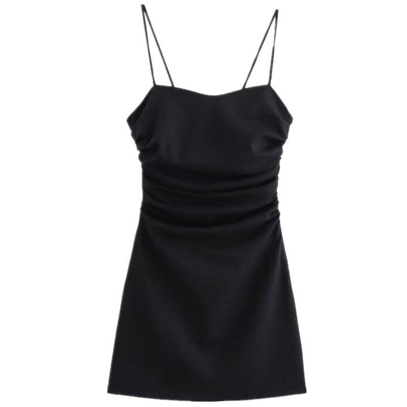 Fashion Style 2024 Summer New Arrival Women's Sling Open Back Linen Blended Mini Ruched Dress 3196729