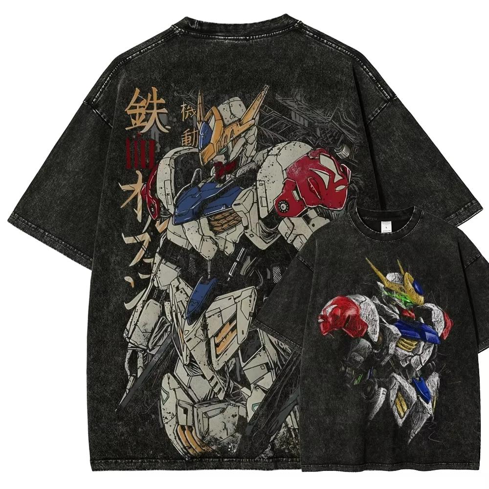 Мужская футболка Gundam Barbatos Lupus Rex IBO Винтажная с кислотной стиркой Меха Уличная одежда Ретро Японское аниме Хлопок Графическая футболка