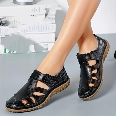 Женские сандалии на плоской подошве в стиле ретро, ​​однотонные нескользящие туфли на липучке с закрытым носком, повседневные уличные сандалии