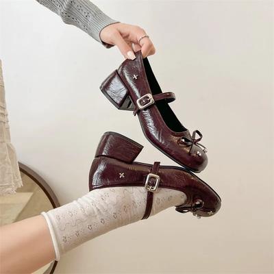 Милые туфли Мэри Джейн с бантиком-бабочкой для женщин Элегантное платье Толстый каблук Женская обувь Повседневная уличная обувь