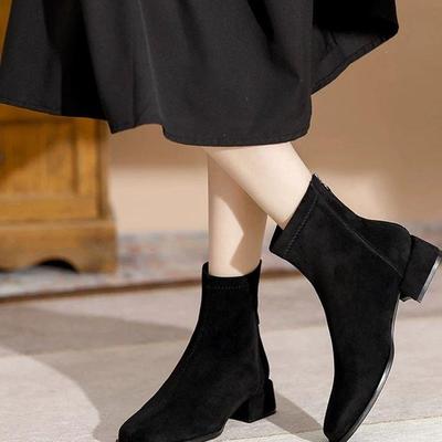 Женские замшевые ботильоны на толстом каблуке - Ретро до середины икры, эластичные, стройнящие, с квадратным носком, осенне-зимняя мода