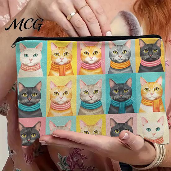 Leak-proof Storage Pouch Cat Printed Bag, with Smooth Zipper, Thickened Polyester Black Zipper Bag Makeup Multipurpose Pencil Case Travel Toiletry