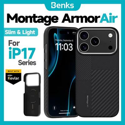 Чехол Benks Montage ArmorAir для iPhone 17 Pro Max с кнопкой управления камерой. Изготовлен из арамидного волокна Dupont Kevlar 600D и 1500D