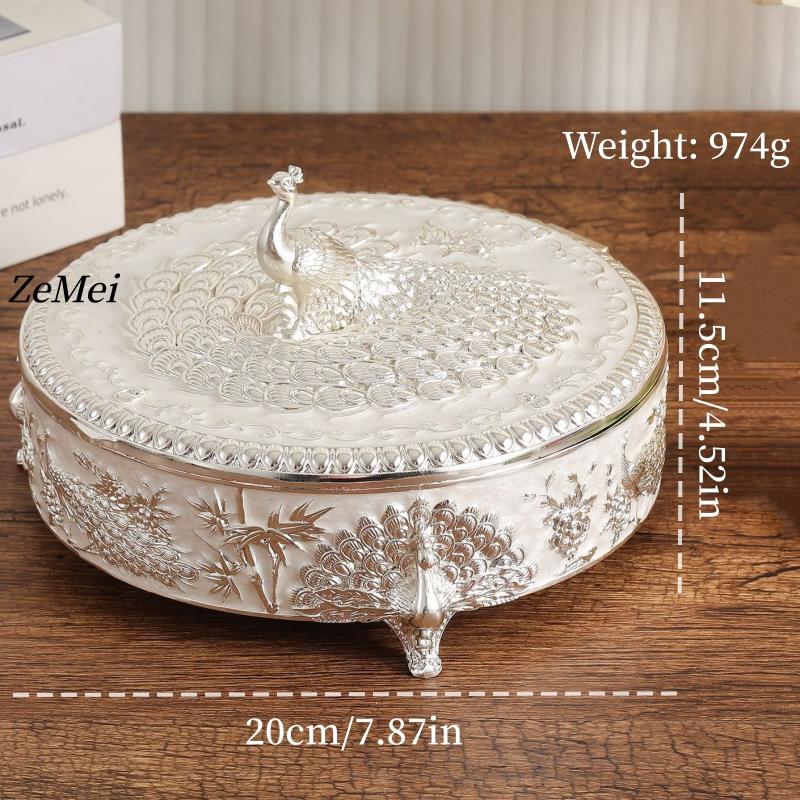 European-Style Alloy Jewelry Peacock Silver Storage Box,Earring Circle Organizer Jar Candy Container Dressing Table Decoration