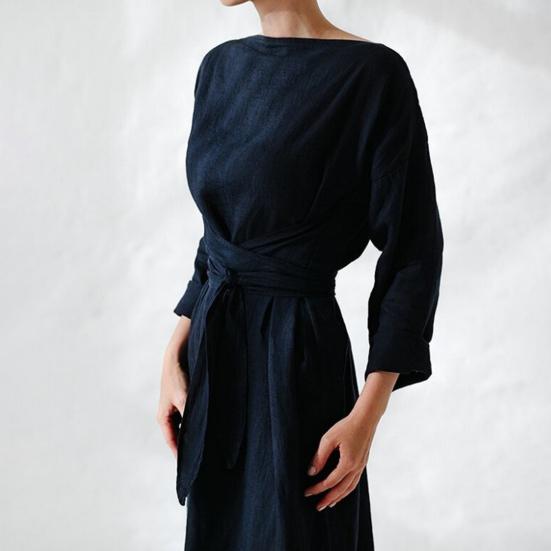 Женское платье макси с вырезом «бато» и длинным рукавом, со свободной талией, на шнуровке, длинное платье, однотонное, свободное, тонкое, повседневное, платье