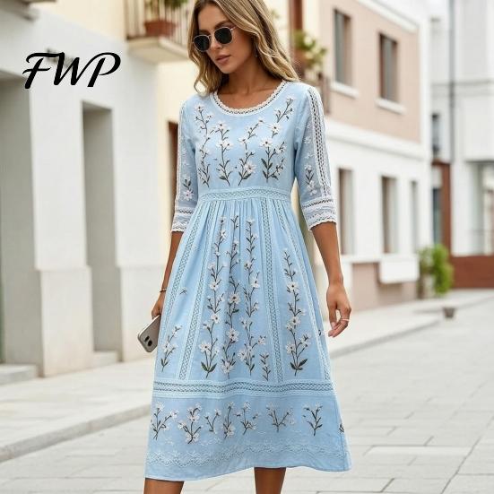 Slimming Silhouette Midi Dresses Autumn Floral Dress for Women, Long Sleeve Bohemian A Line Slim Fit Covering Belly Fat Dress, Vintage Waist-Cinching