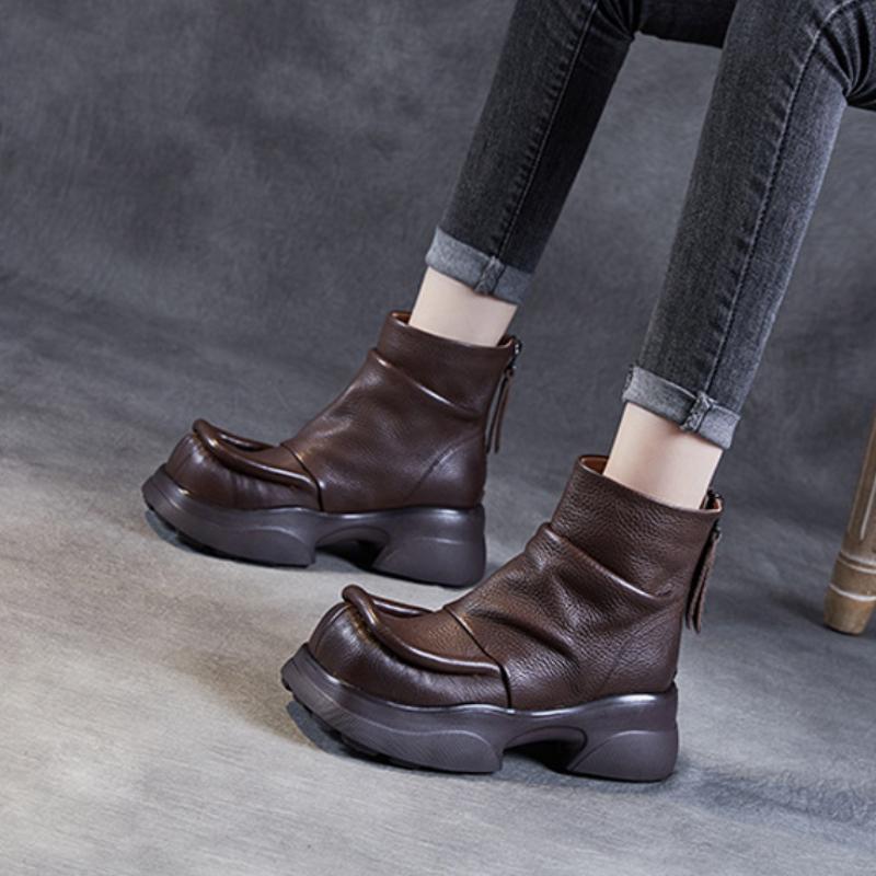 Johnature Короткие ботинки из натуральной кожи на толстом каблуке и толстой подошве, женские туфли на платформе в стиле ретро с круглым носком, ботильоны