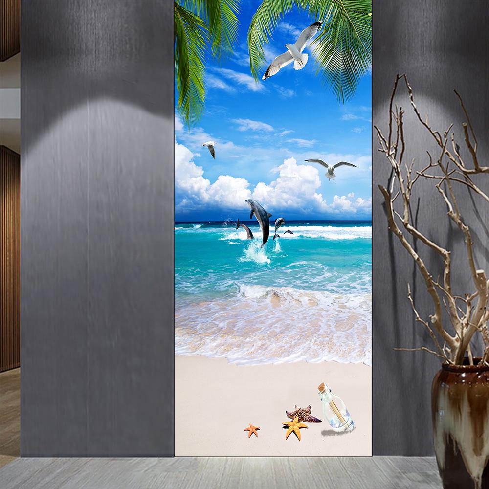 Sea View Of The Beach Under The Coconut Tree DIY Door Wall Sticker Home Decor Living Room Self-adhesive Waterproof PVC Wallpaper