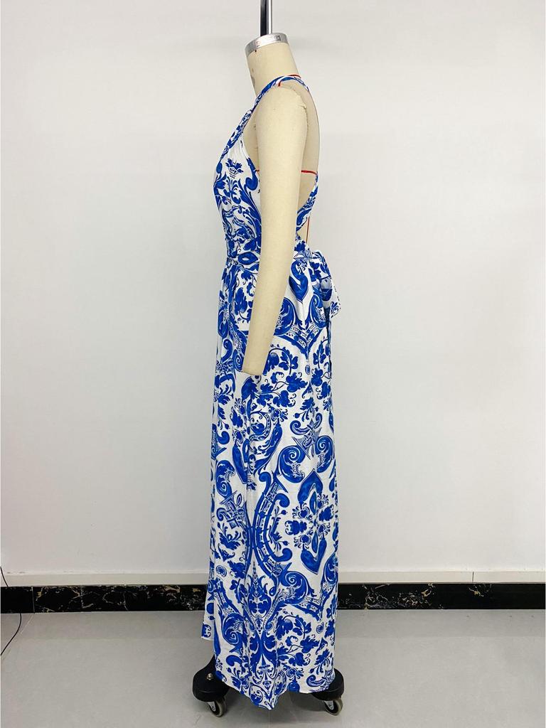 Summer Retro Style Blue & White Porcelain Print Halter Backless Split Dress