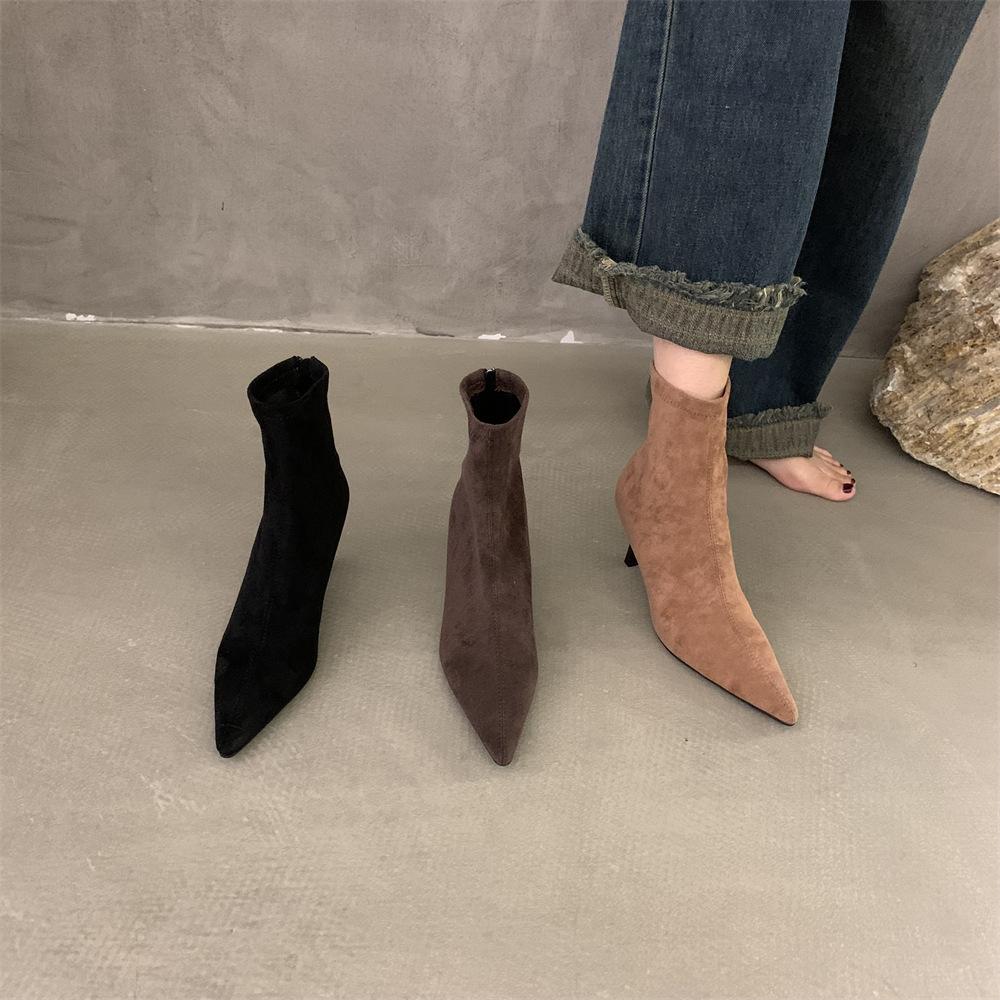High Heel Pointed Head Temperament Suede Short Boots Women's Shoes Autumn and Winter Velvet Thin Heel Korean