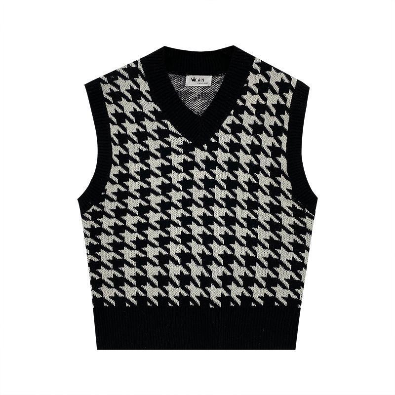 Hirsionsan V Neck Houndstooth Knitted Vest Women 2021 New Korean Cashmere Loose Sleeveless Sweater Female Loose Autumn Pullovers
