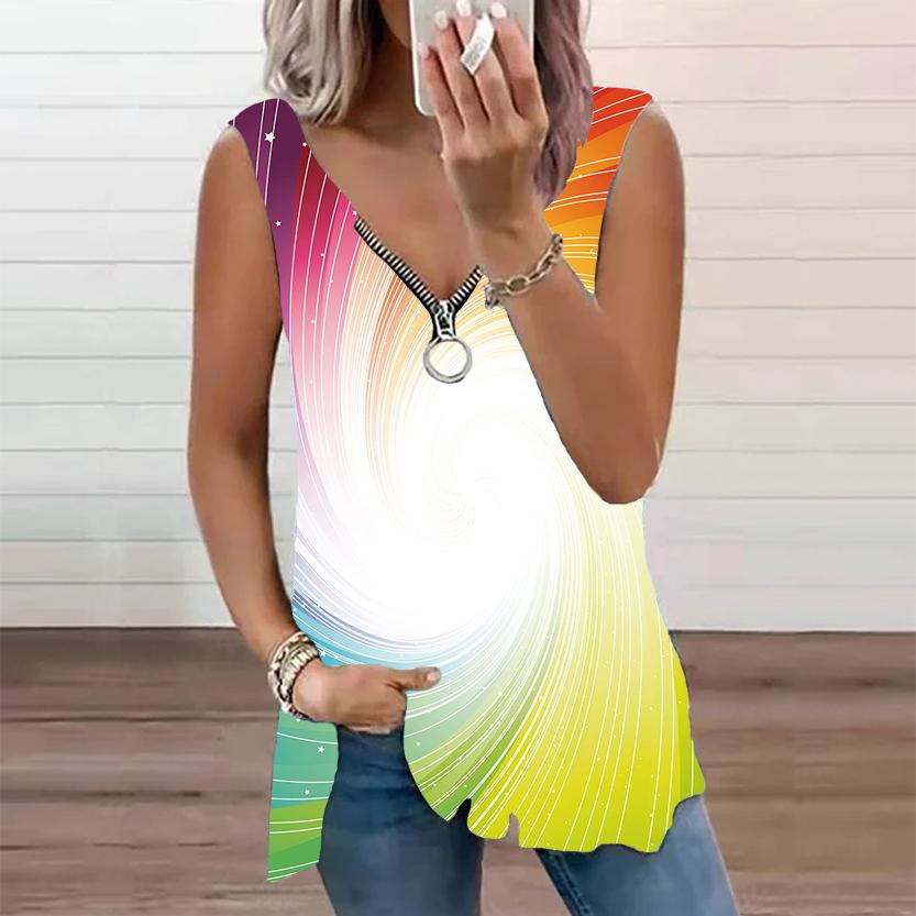 Женский топ, летняя новая мода, разноцветный повседневный топ с цветочным принтом, большие размеры, без рукавов, на молнии, с v-образным вырезом, майка