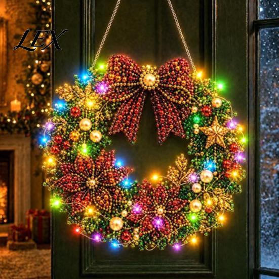 Handmade Christmas Decoration DIY Acrylic Faux Pearl Art Hanging Kit, Lighted Wreath 3D Beaded Craft Festive Mantelpiece Ornament Kit with LED String