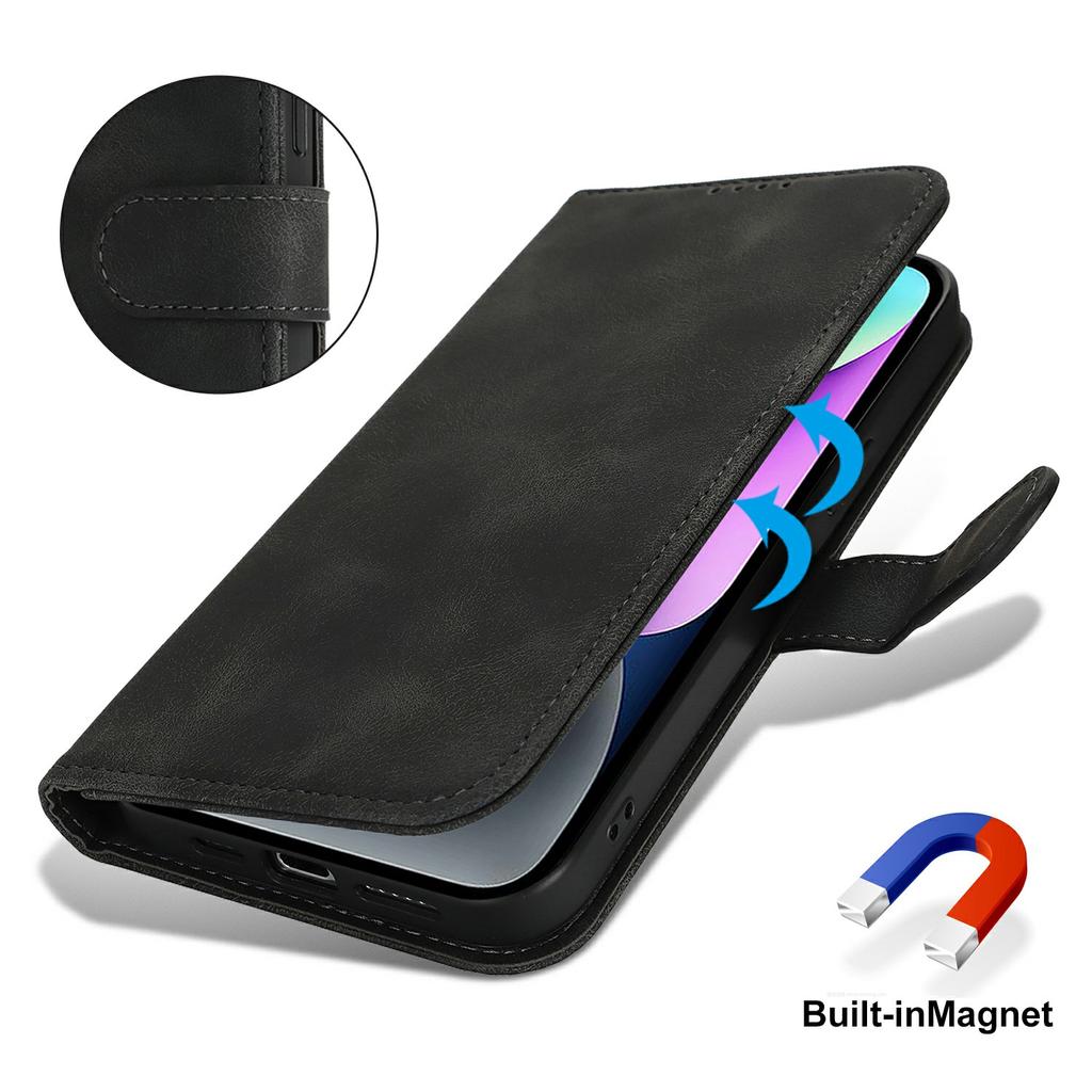 For iPhone 14/13 Wallet Case Double Folded Edge Skin Touch PU Leather Flip Phone Cover