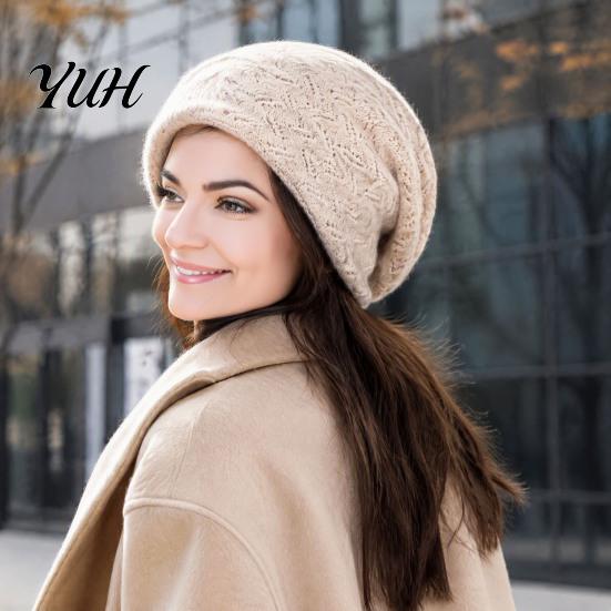 Layered Style Winter Beanies for Girls Knit Women, Thick Slouchy Skull Cap with Diamond Warm Woolen Cold Weather Texture, Soft Cozy Casual Hat Outdoor