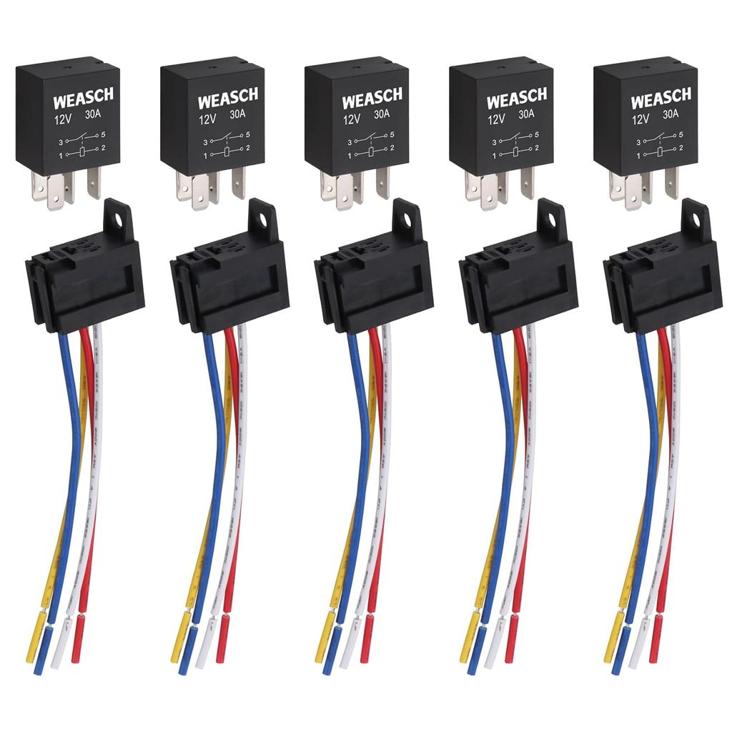 5 Pack Heavy Duty Standard Relay, 12V 30A, SPST 4Pin, with Wire Socket Plug Harness, Multi-Purpose Replacement Automotive Relay (5)
