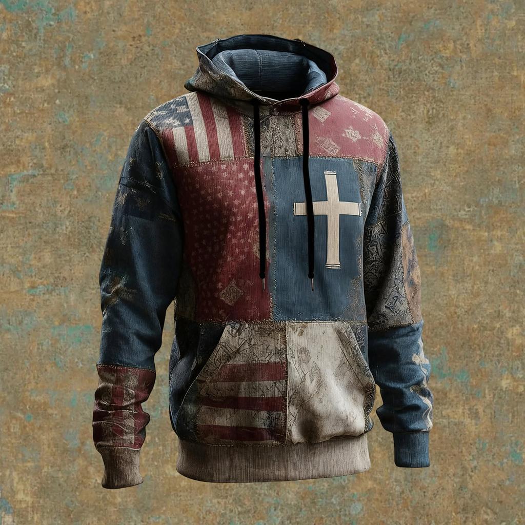 Мужское винтажное повседневное худи с крестом и американским флагом, патриотическая футболка