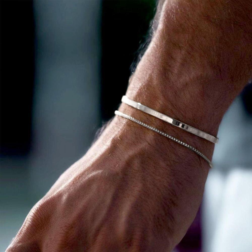 2 шт. Браслет-коробчатая цепочка, мужской двойной браслет, изящный набор браслетов, браслет из нержавеющей стали, открытый, гладкий, мужской