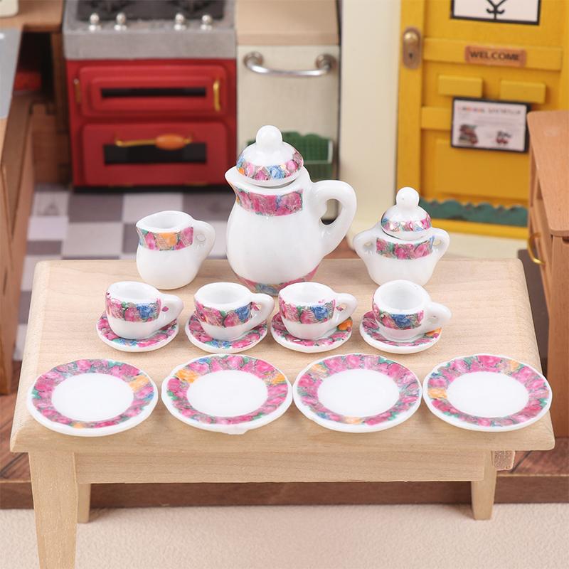 1Комплект 1:12 миниатюрных керамических чайных сервизов для кукольного домика, чашка, чайник, поднос, цветы, столовые приборы, кухонный декор, игрушечные аксессуары для кукольного домика