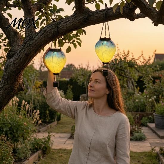 Decorative Metal Iron Lights Butterfly Hot Air Balloon Solar Hanging Light, Waterproof Outdoor Lantern with Powered Yard Decorations Embossed Pattern,