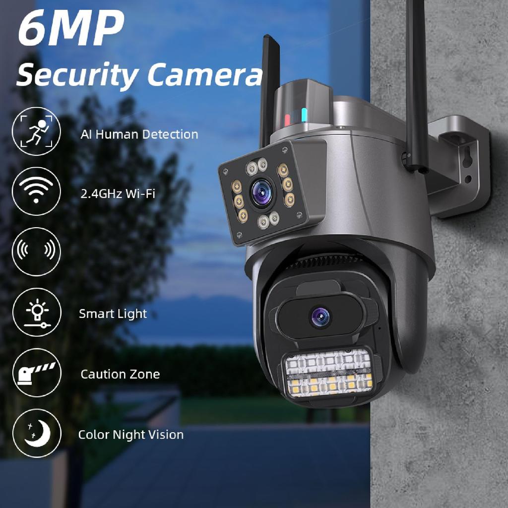 Security Camera Security Camera Dual Lens 6MP 5X Zoom Motion Detection IP66 Waterproof Panoramic Security Camera Outdoor Home Use Outdoor, (US Plug)