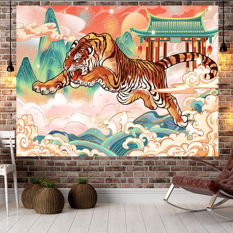 Большой гобелен в китайском стиле в стиле тигра, настенный гобелен с геометрическим рисунком, гобелен в стиле хиппи, домашний декор, эстетическое украшение