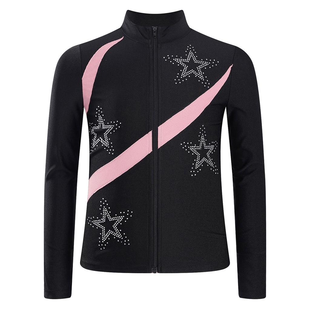 Girls Shiny Rhinestone Star Sports Top Contrast Color Long Sleeve Stand Collar Zipper Sweatshirt Gymnastics Wear