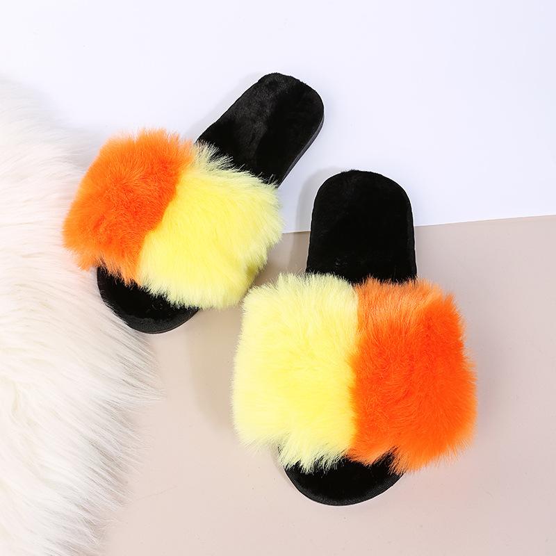Stylish and comfortable light mouth spot niche design color matching flat heel flat bottom fluffy open-toed women's cotton slippers