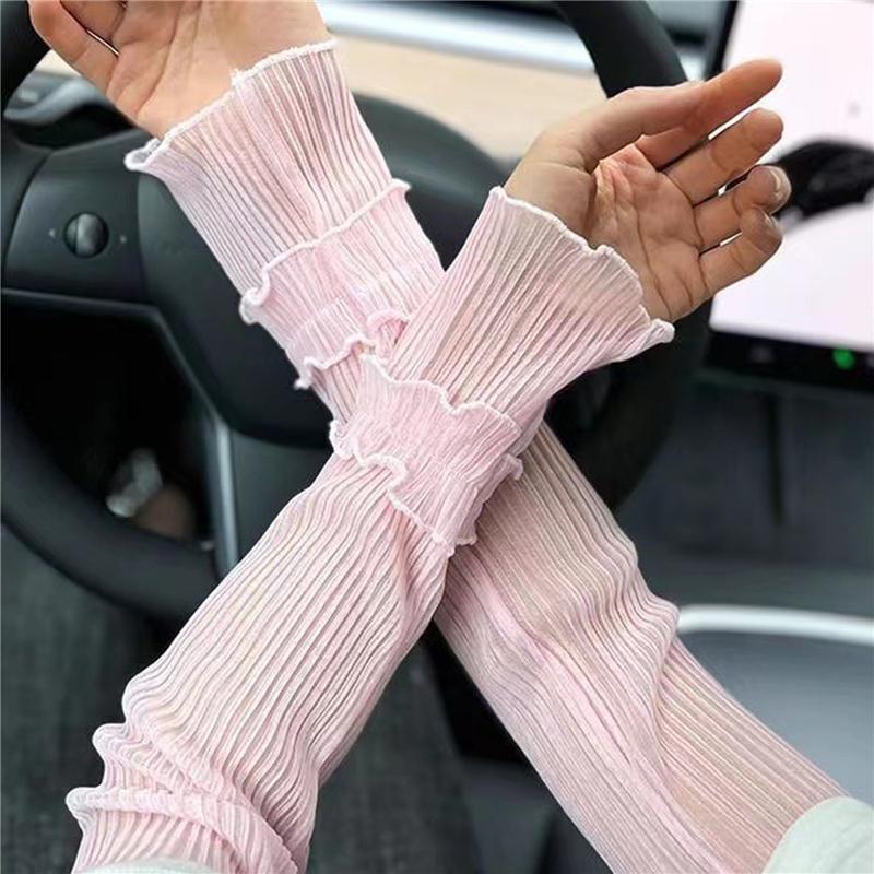 Women's Mesh Sheer Ruched Arm Sleeves Ruffle Hem Fingerless Gloves Costume Accessories Tulle Lace Sleeves