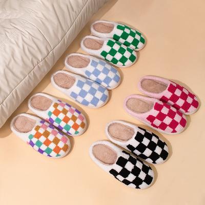 Радужная клетчатая зимняя домашняя нескользящая хлопковая обувь, плюшевые теплые повседневные пушистые тапочки