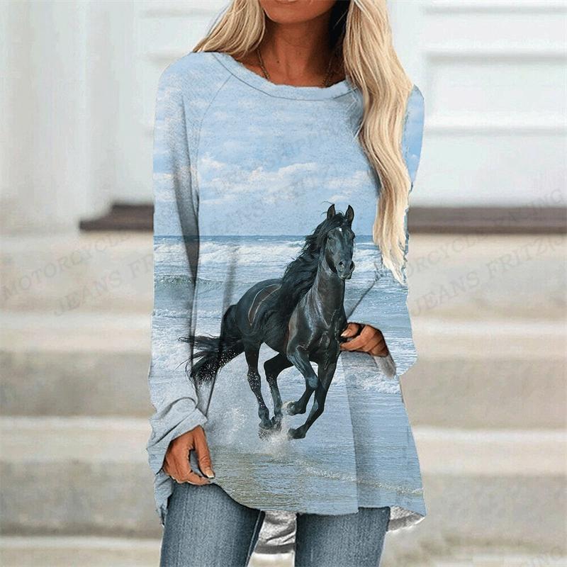 Horse T Shirt Animal 3d Print T-shirt Women Fashion T-shirt Long Sleeve Tops Tees Ladies Tshirt Loose Camisetas Femme