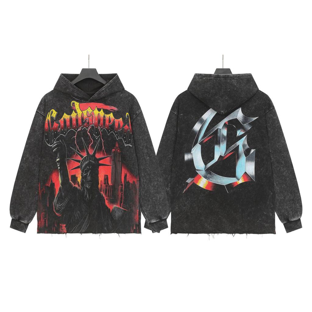 Худи с ретро-принтом 'God Bless America' в стиле рок-стрит, стиранное, повседневное, свободного кроя