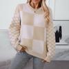 2024 European And American Autumn And Winter New Checkerboard Style Pullover Long Sleeved Knitted Round Neck Contrasting Sweater For Women