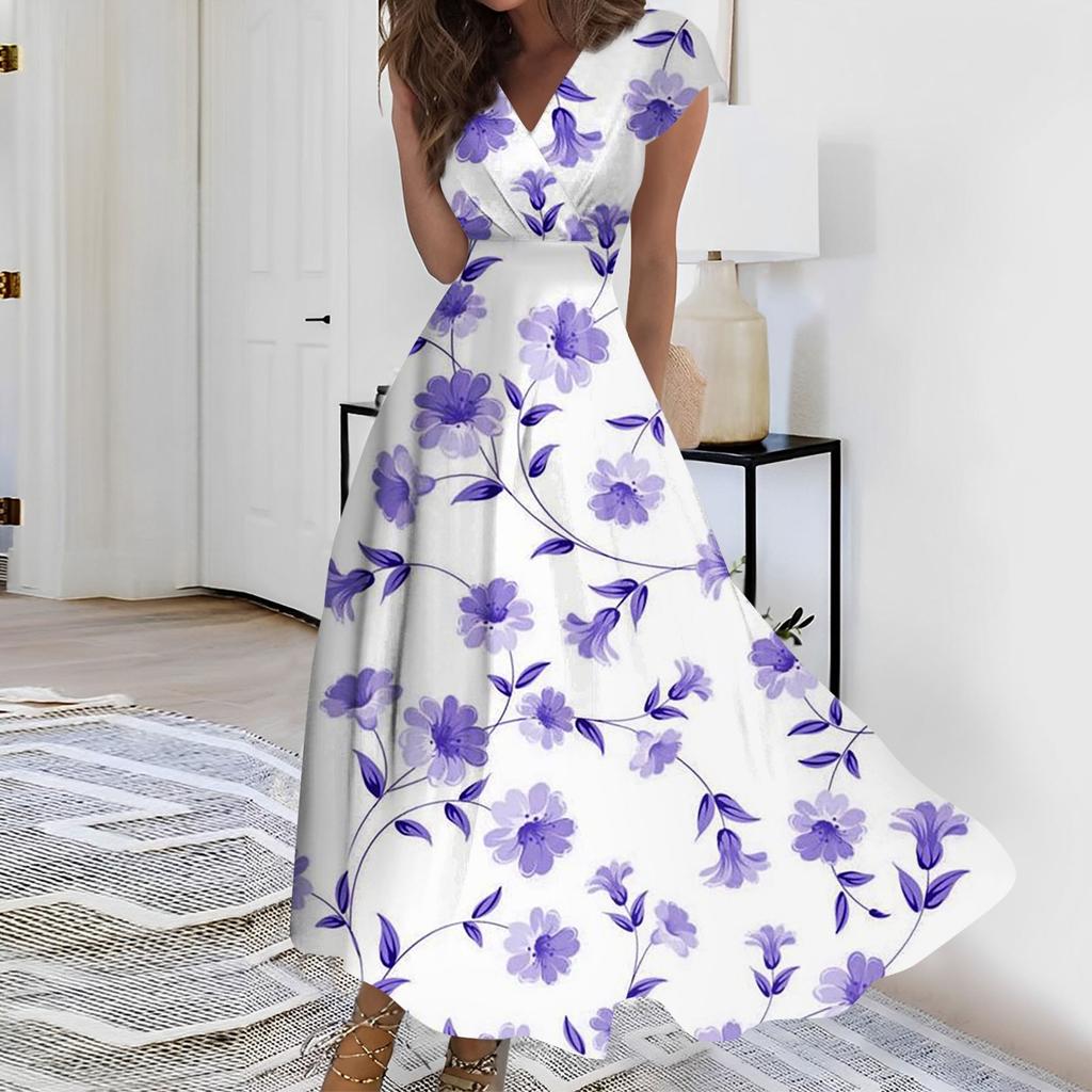 Жен. Длинное платье Платье макси Повседневное платье Шифоновые платья Свободное платье Сплошной цвет На каждый день Для взрослых На открытом воздухе Повседневные платья С рюшами С короткими рукавами Платье с v-образным вырезом