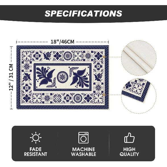 Artoid Mode Talavera Tiles Floral Phoenix Fiesta Mexican Placemats Set of 6, 12x18 Inch Seasonal Fall Holiday Table Mats for Party Kitchen Dining
