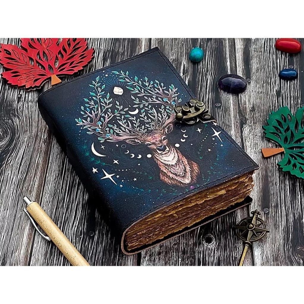 Vintage Leather Deer Moon Journal For Men Women with Lock Antique Handmade