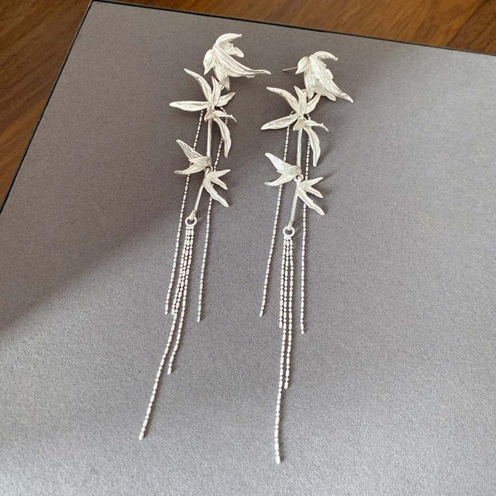 Chinese Ancient Style Long Tassel Dangle Earrings Zinc Zinc Alloy Ear Jewelry Bamboo Leaf Earrings Women