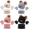 For 1-5 Years Old 3Pcs Winter Baby Beanie Cap Scarf Gloves Set Solid Color Thicken Knitted Hat for Infant Neckerchief Cute Pompom Kids Wool Hats