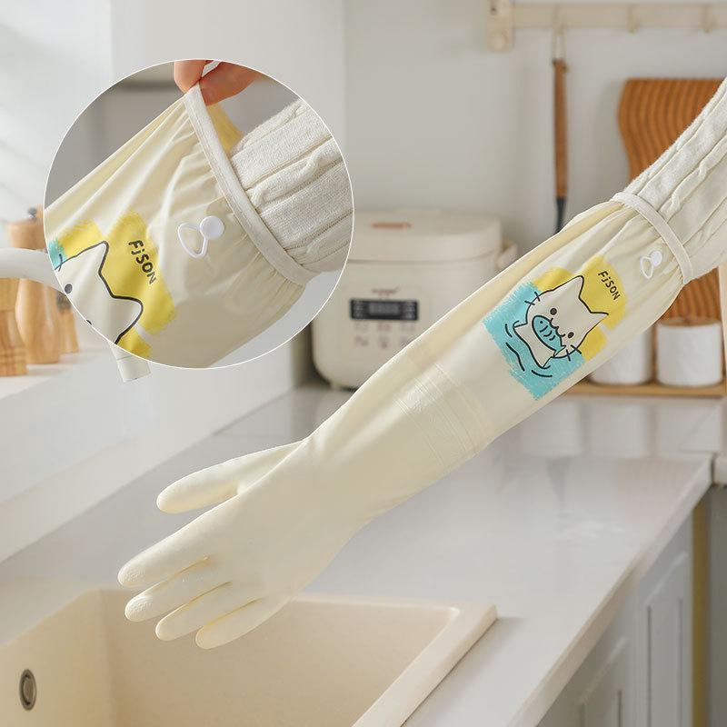 Waterproof Dishwashing Gloves, Thick Rubber Latex for Washing Vegetables, Long-sleeved, Durable, for Scrubbing Dishes, with Fleece Padding