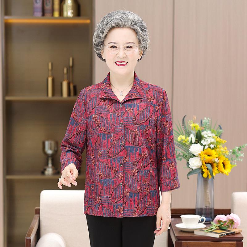 Nine-Sleeve Floral Mulberry Silk Shirt for Women - Elegant Lapel Top for Middle-Aged and Elderly Moms