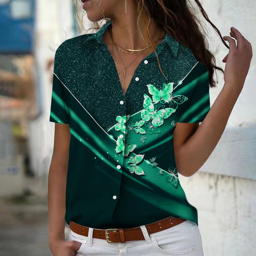 2025 Лето Новая Мода Женская Повседневная Рубашка Топ с Коротким Рукавом и V-образным Вырезом на Пуговицах с Принтом Бабочек