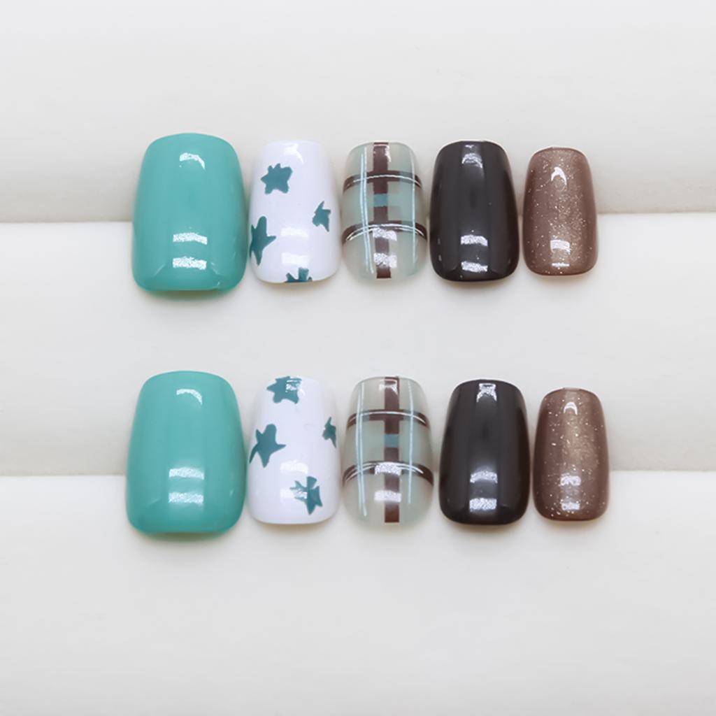 MY127 Brown Green Plaid Cat Eye Fake Nails 30pcs