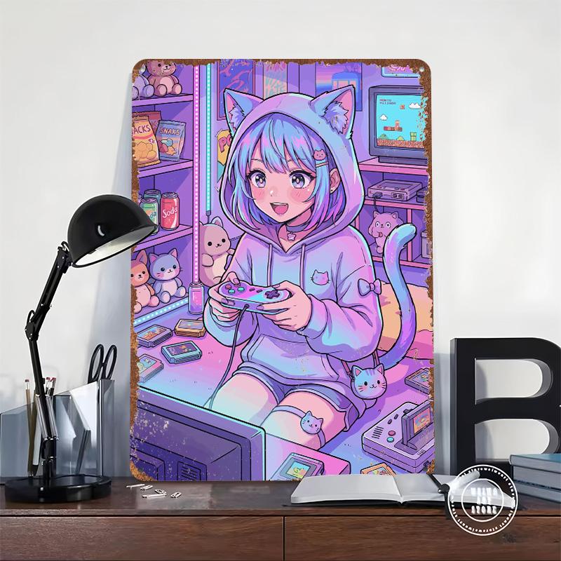 Anime Cat Girl Gaming Poster Customized Wall Art Vintage Metal Signs Retro Tin Plaque for Man Cave Office Decoration Room Decor