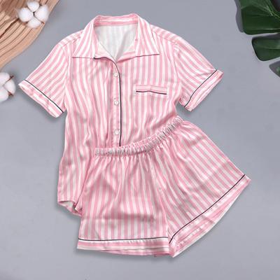 2 шт./комплект женская рубашка шорты костюм лацкан короткий рукав атласный полосатый контрастный цвет топ эластичный пояс короткие брюки домашняя одежда одежда для отдыха летний наряд